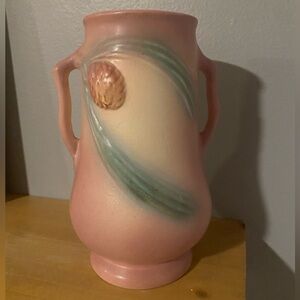 Vintage Hull Pottery pink "Pinecone" pattern double-handled vase.